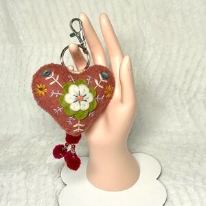 Handcrafted Embroidered Felt Stuffed Heart Bag Charm Beads PomPoms NEW